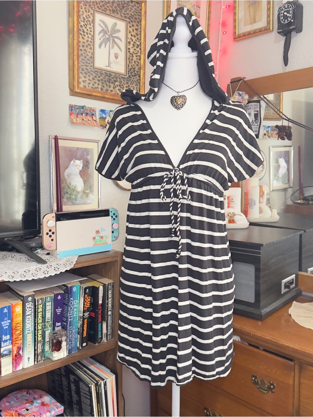 Y2KBlack & White Striped Hooded babydoll Dress